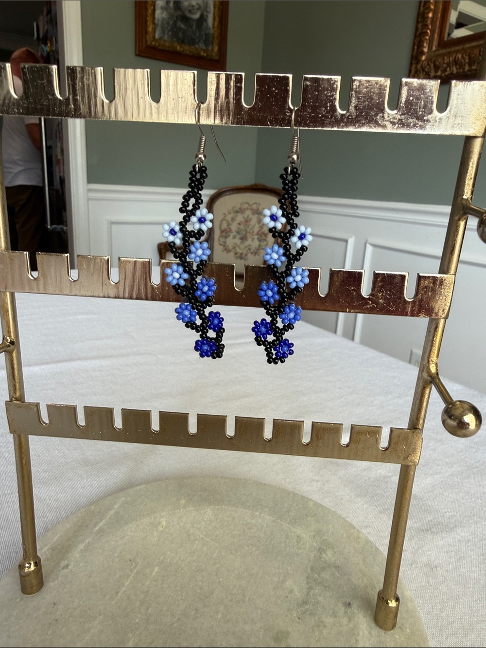 Handmade Blue Floral Beaded Drop Earrings - Brand Unspecified